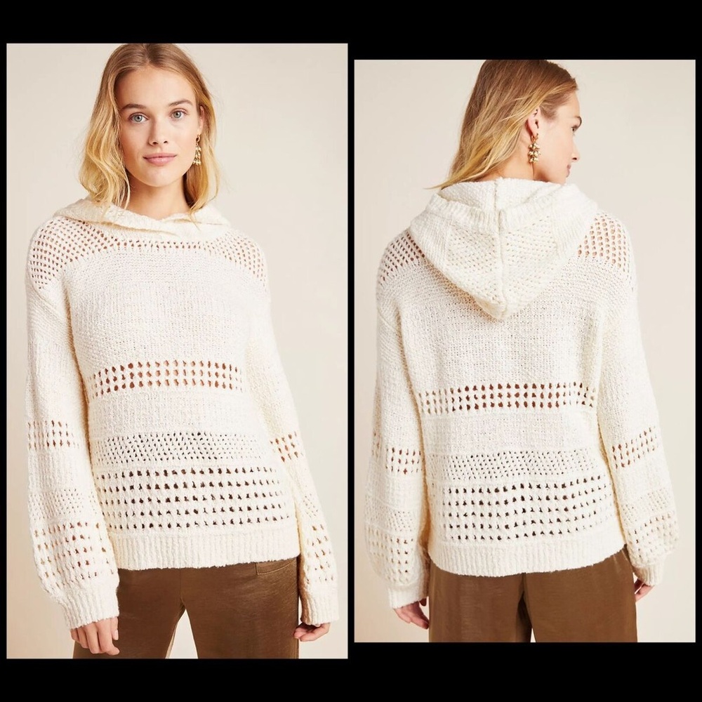 Anthropologie Pointelle Hooded Sweater Pullover Boho Chic XSmall Ivory Cream